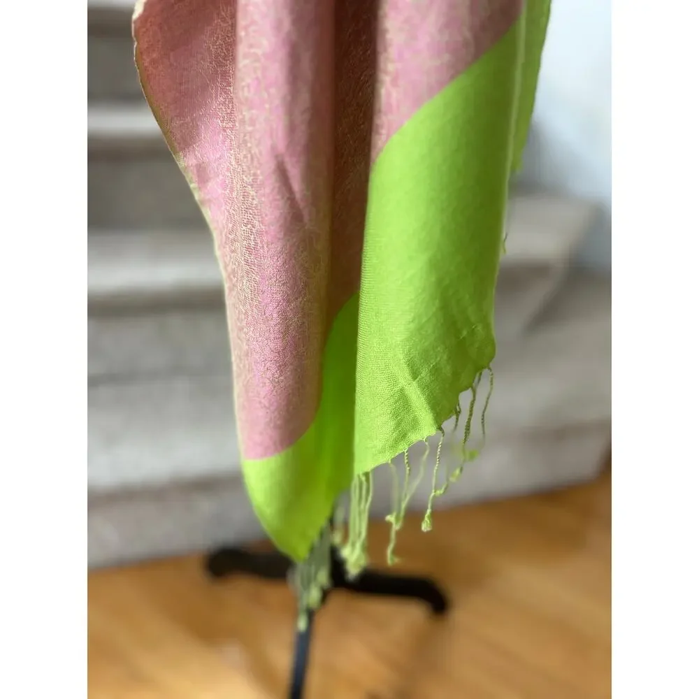 Pashmina Scarf Wrap Warm Pink & Lime Green Reversible Floral Swirl